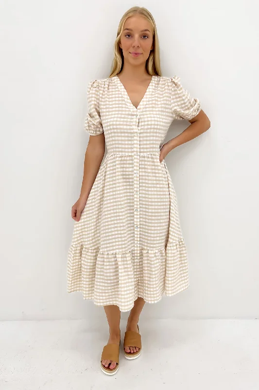 Kingston Midi Dress Latte Gingham Button-down Midi Skirt