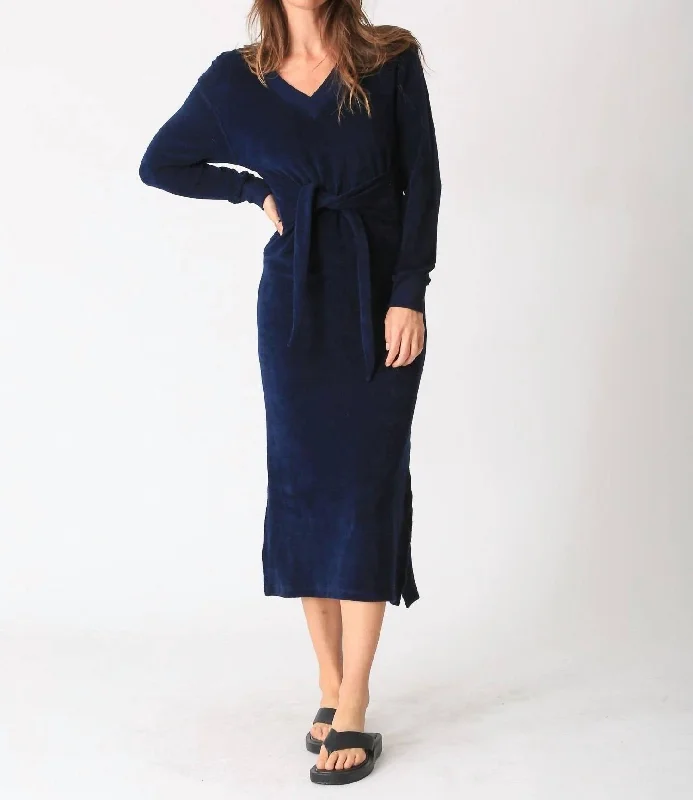 Linden Loop Terry Midi Dress In Indigo Elegant A-line Skirt