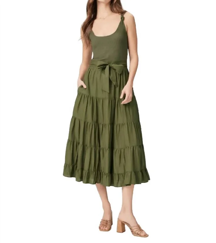 Self-Tie Midi Dress In Dark Brushed Olive Midi Skirt Dress