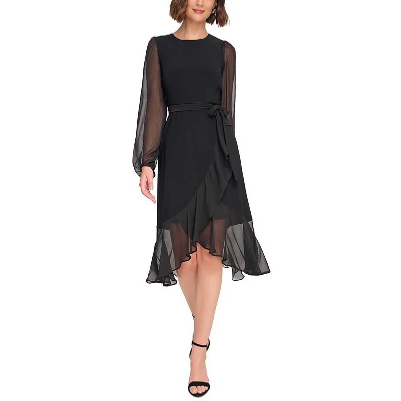 Womens Chiffon Sleeve Midi Cocktail And Party Dress Lace Midi Skirt