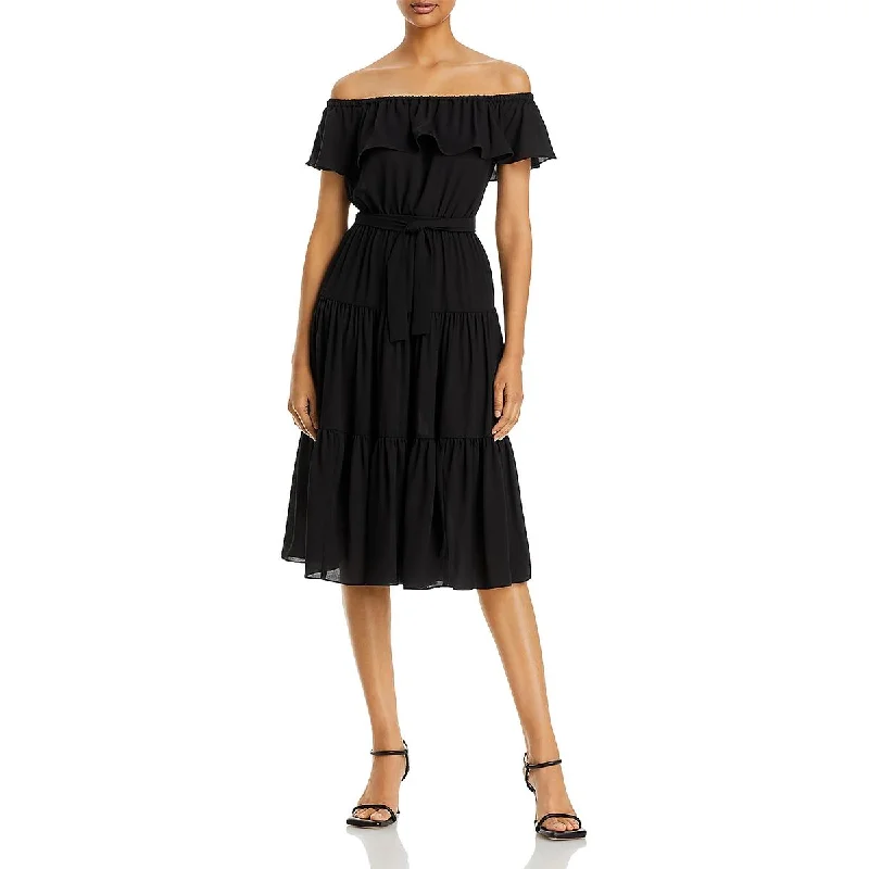 Womens Ruffled Belted Midi Dress Midi Skirt with Pockets