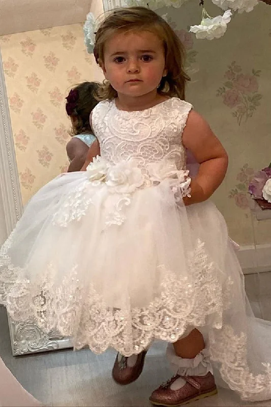 3D Flowers White Lace Flower Girl Dress with Pink Bow Lace Dress Elegance