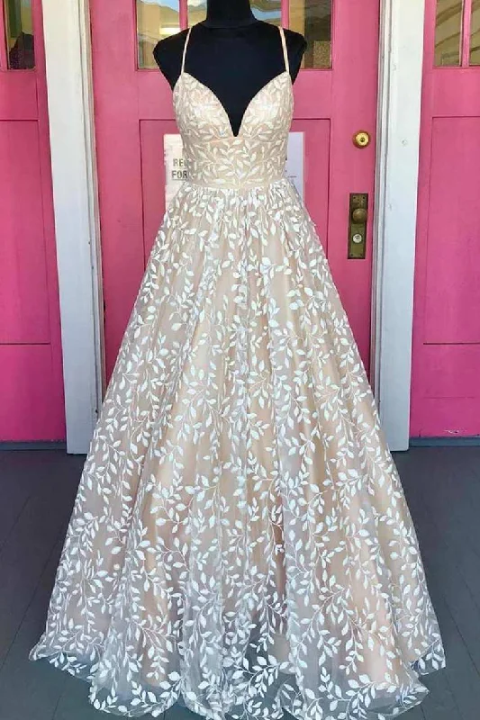 A-line Ivory Long Prom Dress with Lace Up Back Romantic Lace Dress