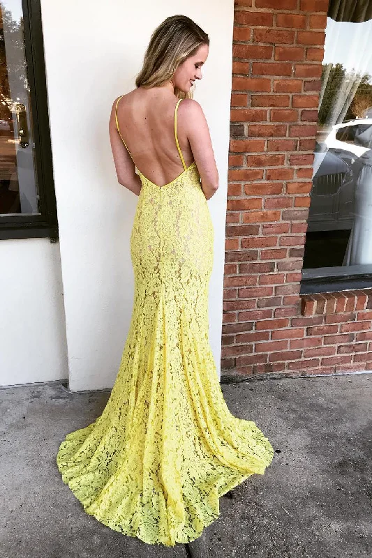 All Over Lace Mermaid Yellow Long Prom Dress with Slit Lace Shift Dress