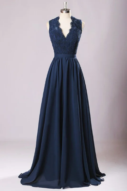 Backless Navy Blue Lace Long Bridesmaid Dress Tiered Lace Dress