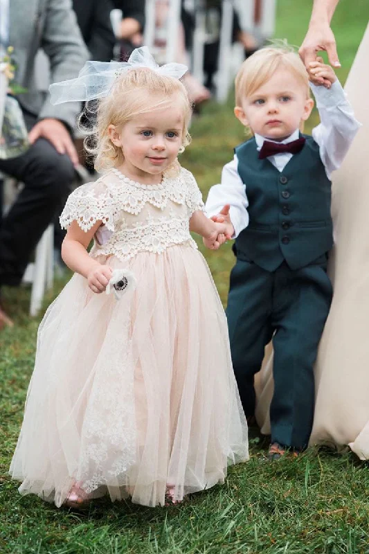 Cap Sleeves Lace-Top Champagne Flower Girl Dress Flowy Lace Dress