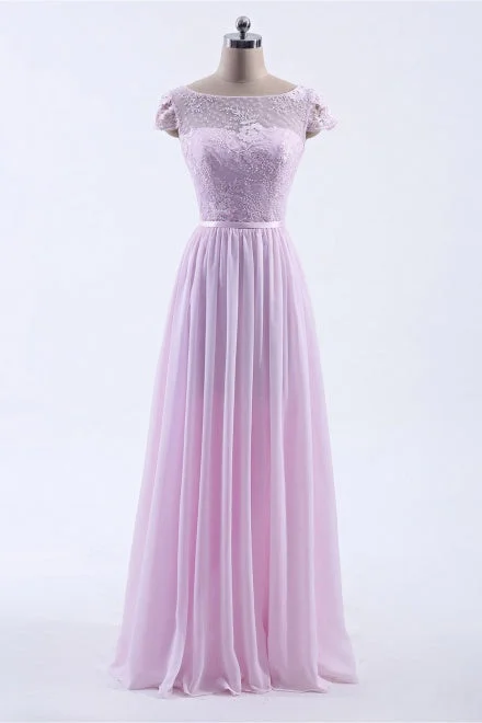 Cap Sleeves Pink Lace Long Prom Dress Pink Lace Dress