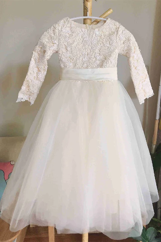 Champagne Crew Neck Lace Floor Length Flower Girl Dress with Long Sleeves Lace Dress Party