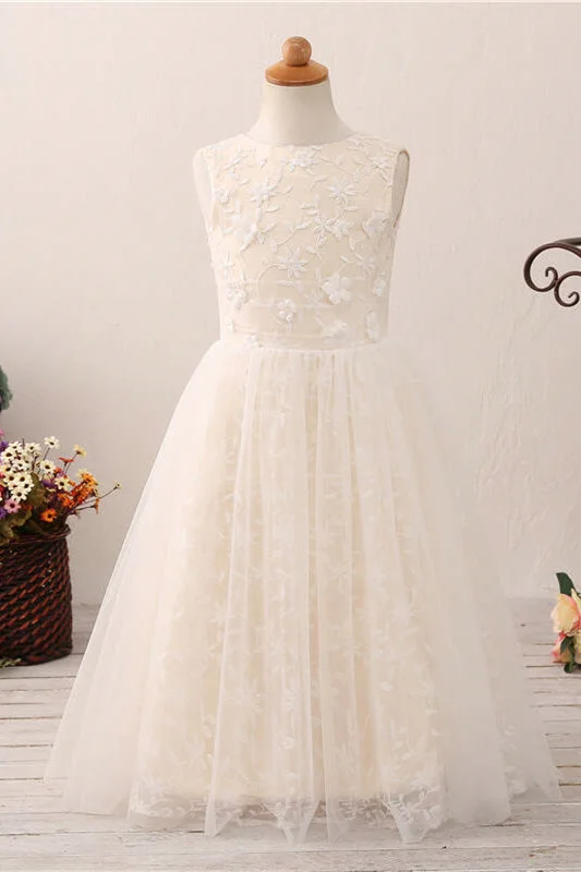 Chic Hollow Back Ivory Flower Girl Dress with Lace Appliques Lace Dress Classic