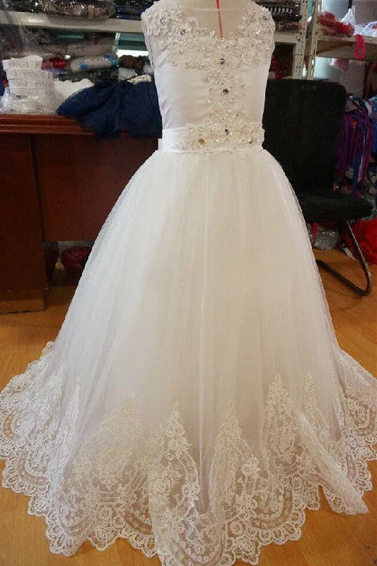 Chic Lace Edge Beaded Ivory Flower Girl Dress with Bow Lace Dress Appeal