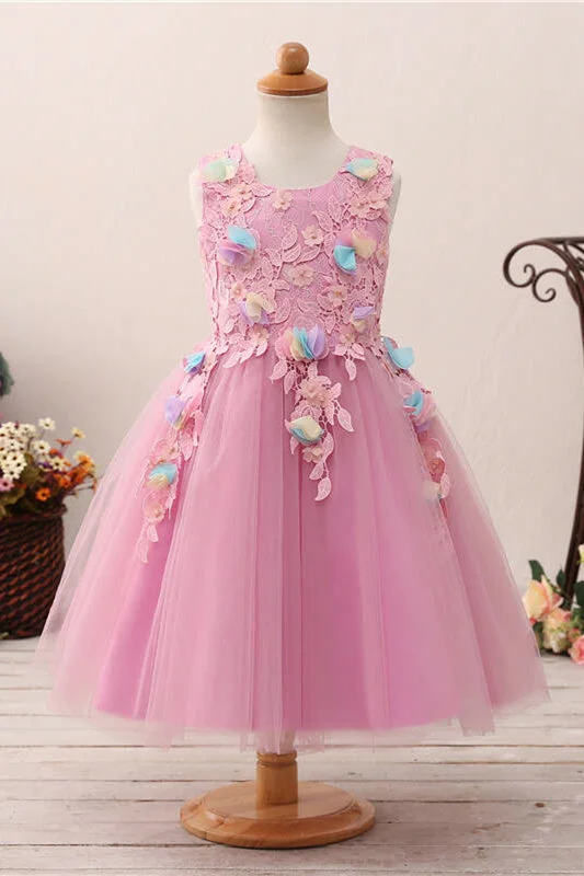 Cute 3D Flowers Pink Flower Girl Dress with Lace Appliques Lace Skater Dress