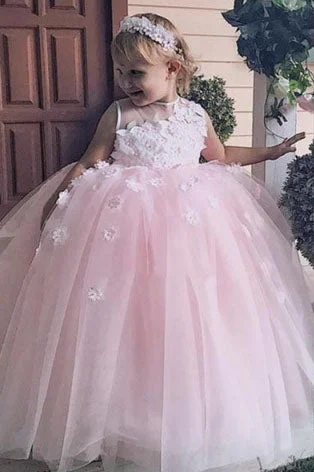 Cute Ball Gown Lace Appliques Pink Flower Girl Dress Lace Dress Lace