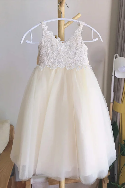 Cute Champagne V-neck Lace Flower Girl Dress Lace Dress with Belt