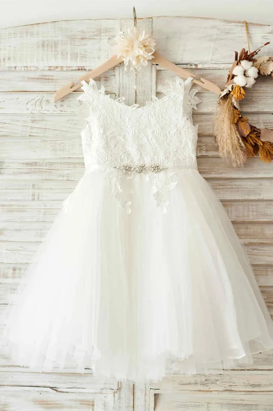 Cute Ivory Lace Flower Girl Dress with Belt Lace Dress Sparkly