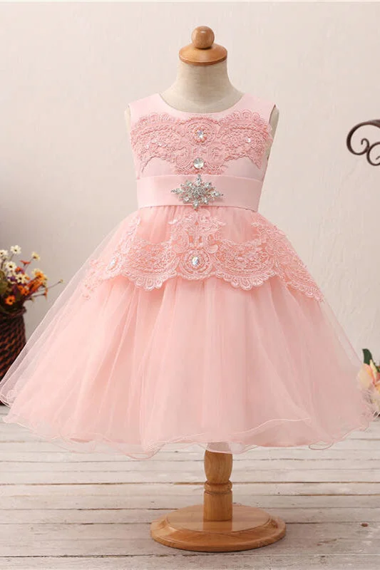 Cute Lace Appliques Toddler Blush Flower Girl Dress with Beads Elegant Lace Design