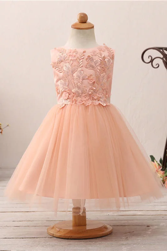 Cute Lace Appliques Toddler Peach Flower Girl Dress with Bowknot Full Lace Dress