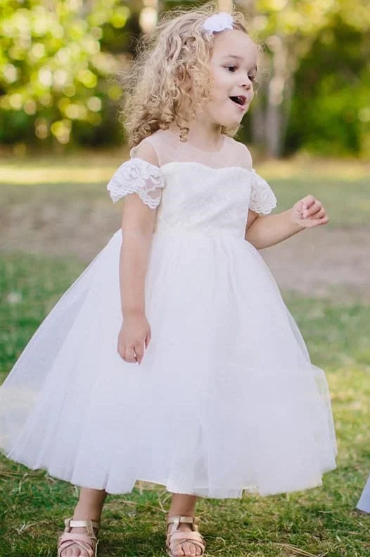 Cute Lace Sleeves Jewel Neck White Flower Girl Dress Light Lace Dress