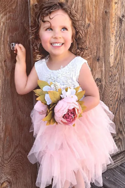 Cute Pink Tiered Flower Girl Dress with Lace Top Lace Dress Perfect