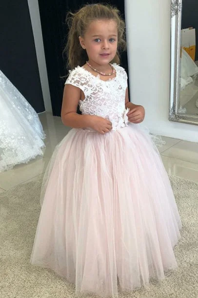 Cute White and Pink Flower Girl Dress with Lace Bodice' Casual Lace Dress