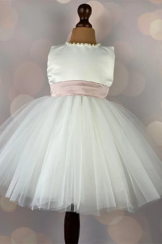 Delicate Ivory Lace Top Flower Girl Dress with Pearls Lace Dress Layers