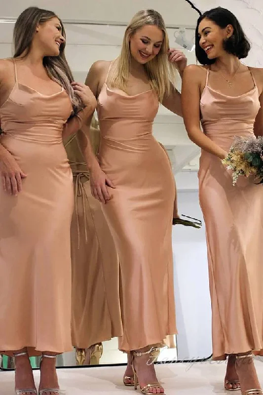 Dusty Pink Straps Satin Bridesmaid Dress with Lace-up Lace Dress Fit