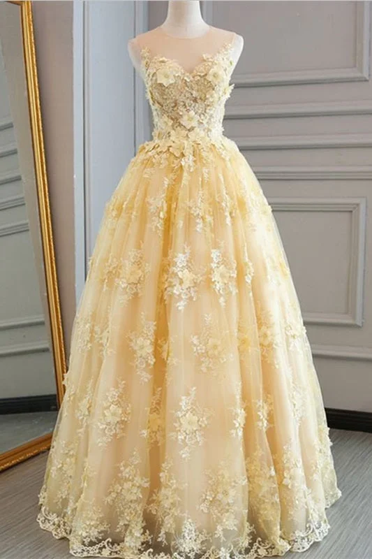 Elegant A-line Long Gold Lace Prom Dress Chic Lace Dress