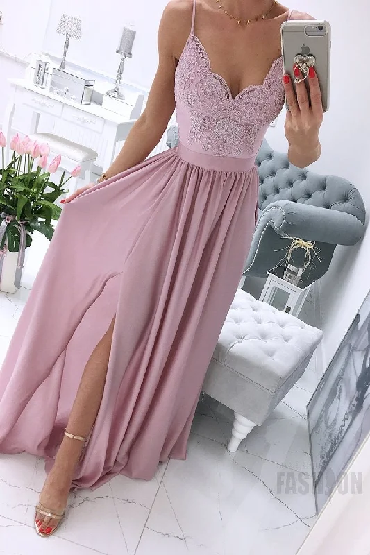 Elegant A-Line Straps Lace Appliques Pink Long Prom Dress Lace Cocktail Dress