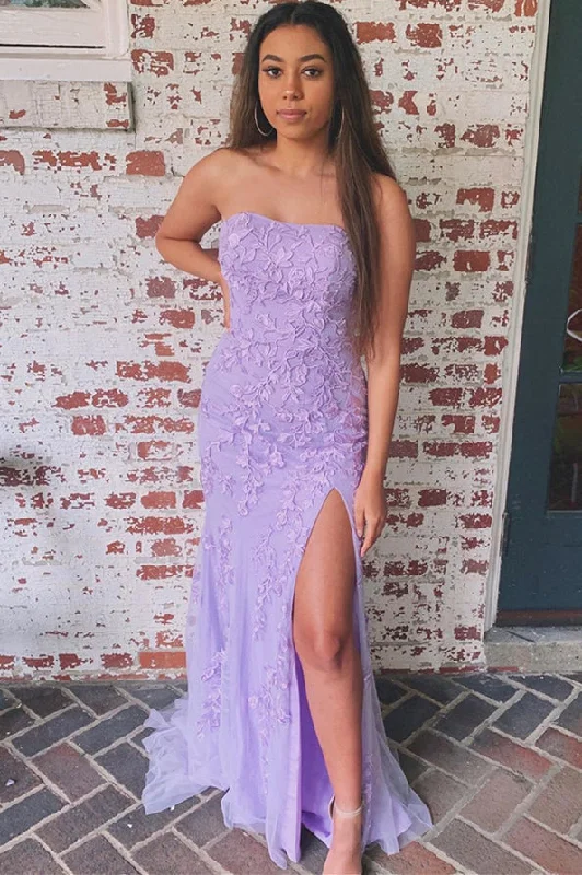 Strapless Mermaid Long Lavender Lace Prom Dress with Slit Satin Lace Dress