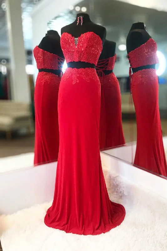 Elegant Two Piece Sweetheart Beaded Red Prom Dress with Lace-up Back Layered Lace Dress