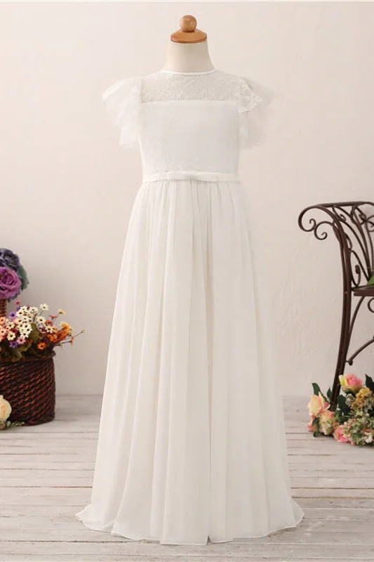 Flutter Sleeves Long White Flower Girl Dress with Lace Top Lace Wedding Gown