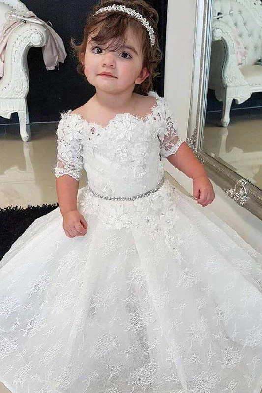 Half Sleeves Scalloped-Edge Flower Girl Dress with Lace Lace Bridesmaid Gown