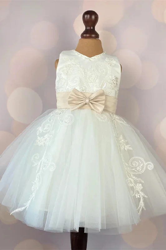 Ivory Lace Flower Girl Dress with Bow Lace Dress Twirl