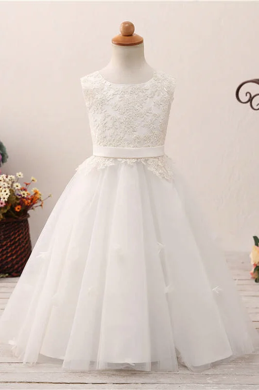 Lace Applique Lace-Up Back White Flower Girl Dress with Ribbon Lace Mini Dress