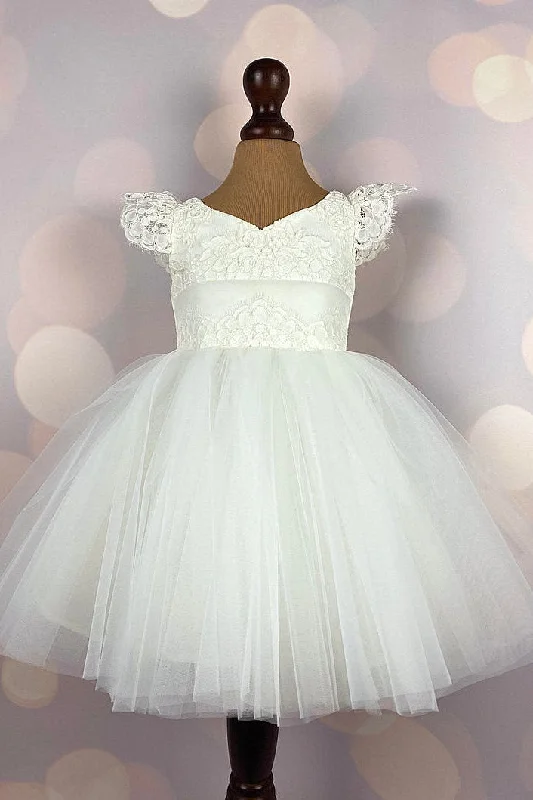 Lace Top V-Neck Ivory Flower Girl Dress Lace Dress Day