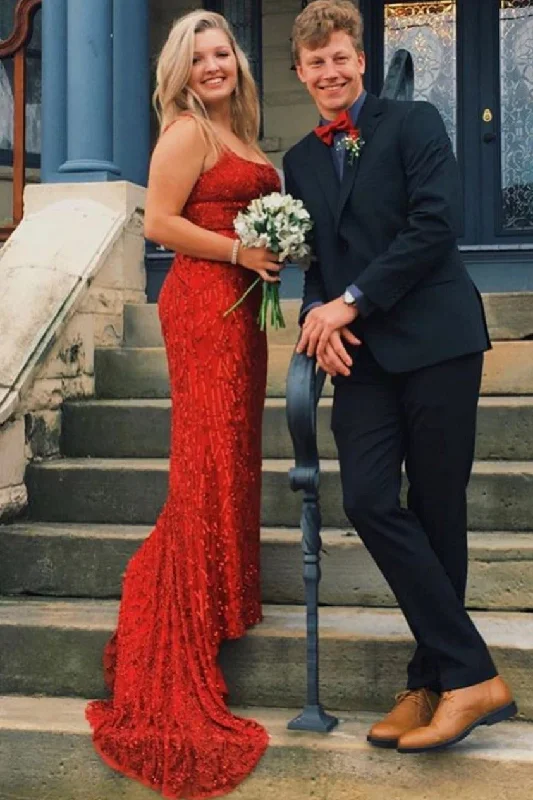 Lace-Up Back Mermaid Red Long Prom Dress with Beads Lace Midi Dress