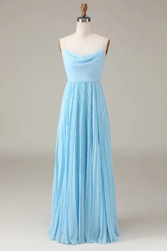 Lace-Up Cowl Neck Light Blue A-Line Chiffon Bridesmaid Dress Lace Dress Bohemian