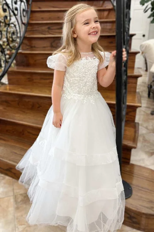 Lace-Up White Long Flower Girl Dress with Balloon Sleeves Lace Dress Sparkle