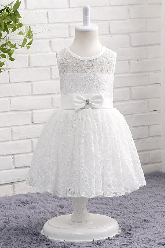 Lace White Flower Girl Dress with Bow Lace Dress Glow