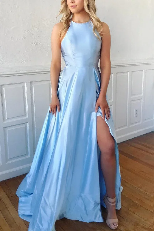 Light Sky Blue Long Prom Dress with Lace Up Back Elegant Lace Dress