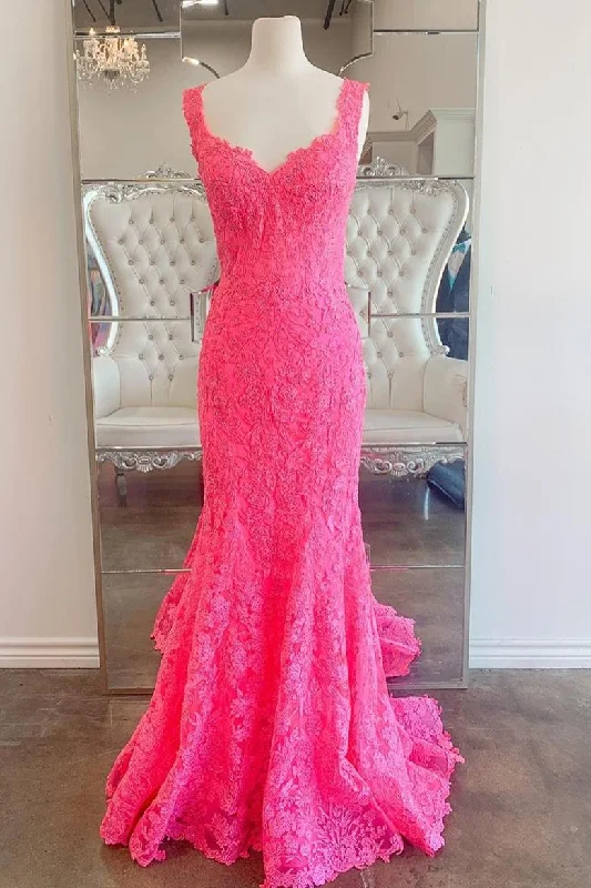 Mermaid Hot Pink Lace Long Prom Dress Sexy Lace Dress