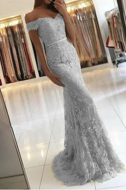 Mermaid Off the Shoulder Long Grey Prom Dress with Lace Lace A-line Dress