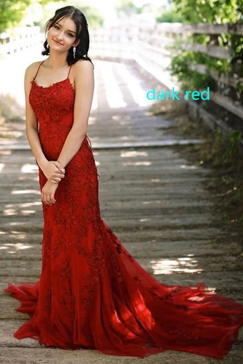 Mermaid Straps Long Dark Red Lace Prom Dress with Lace-Up Lace Evening Dress