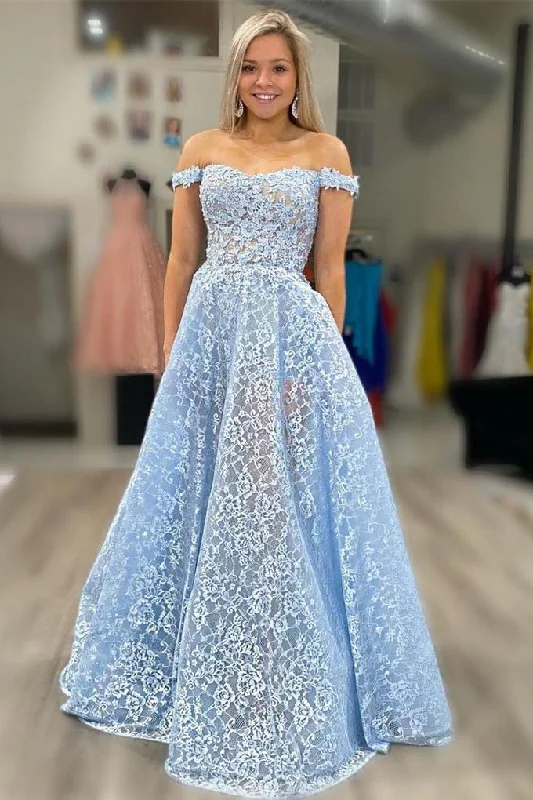 Off the Shoulder Blue Lace Prom Dress with Pockets Lace Dress Set