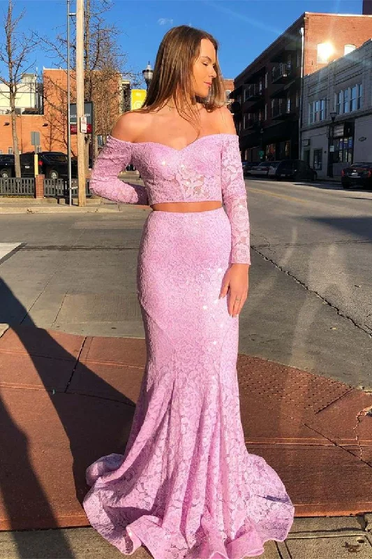 Off the Shoulder Pink Lace Long Prom Dress Ruffled Lace Dress