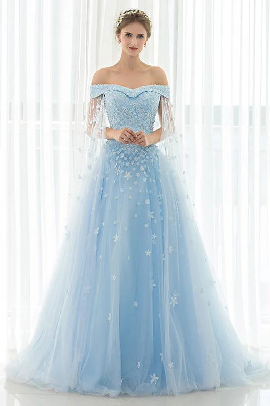 Off Shoulder Appliques Lace-Up Sky Blue Long Prom Dress Lace Wedding Dress