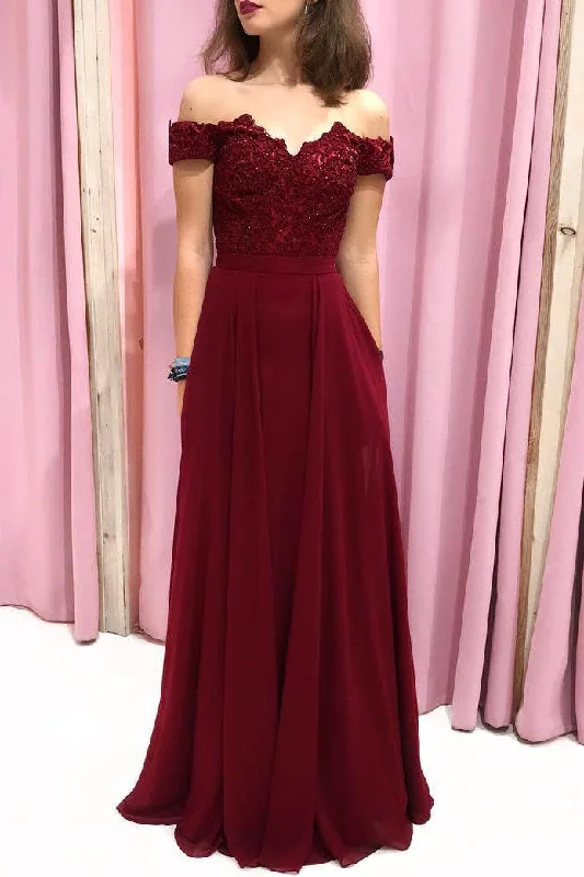 Off the Shoulder Burgundy Long Prom Dress with Lace-Up Back Classic Lace Dress