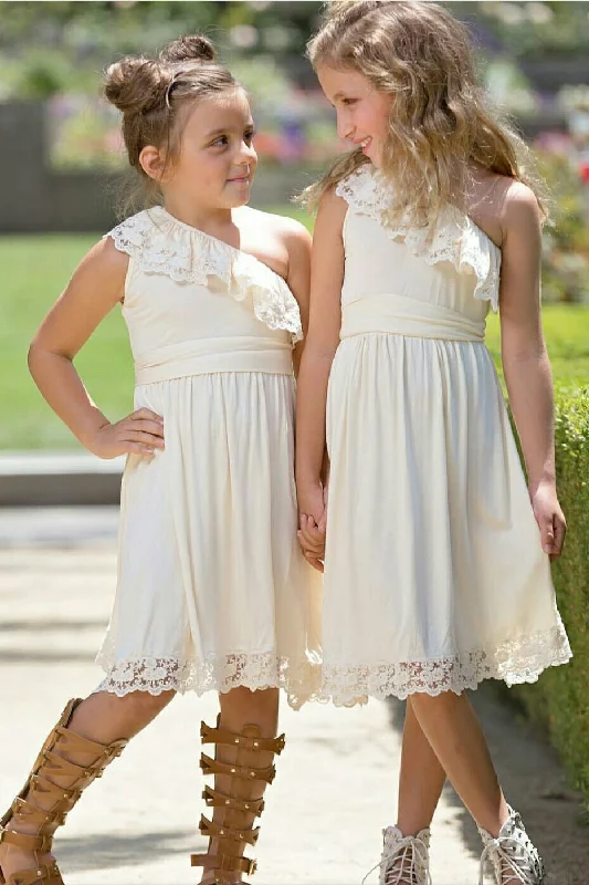 One Shoulder Ivory Flower Girl Dress with Lace Ruffles Lace Gown Style