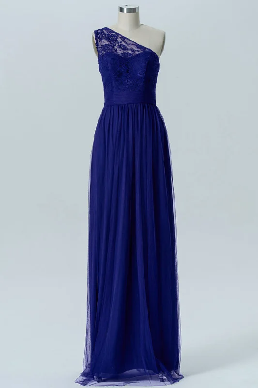 One-Shoulder Lace Royal Blue Bridesmaid Dress Lace Detail Dress