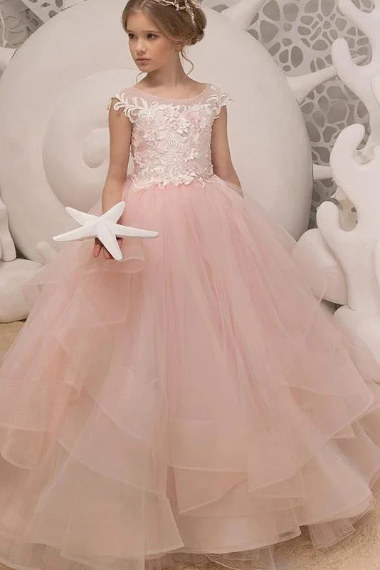 Princess Long Pink Flower Girl Dress with Lace Appliques Lace Dress Flare