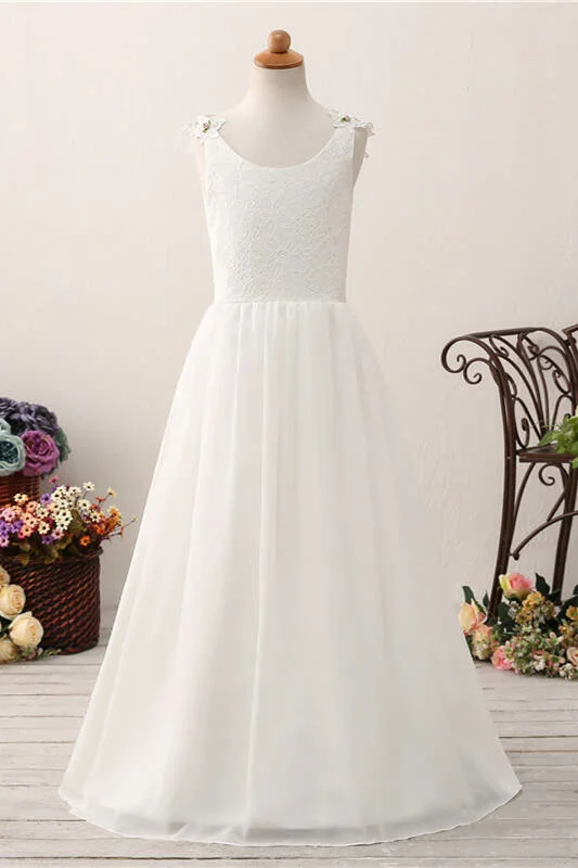 Princess White Chiffon Flower Girl Dress with Lace Top Lace Evening Gown